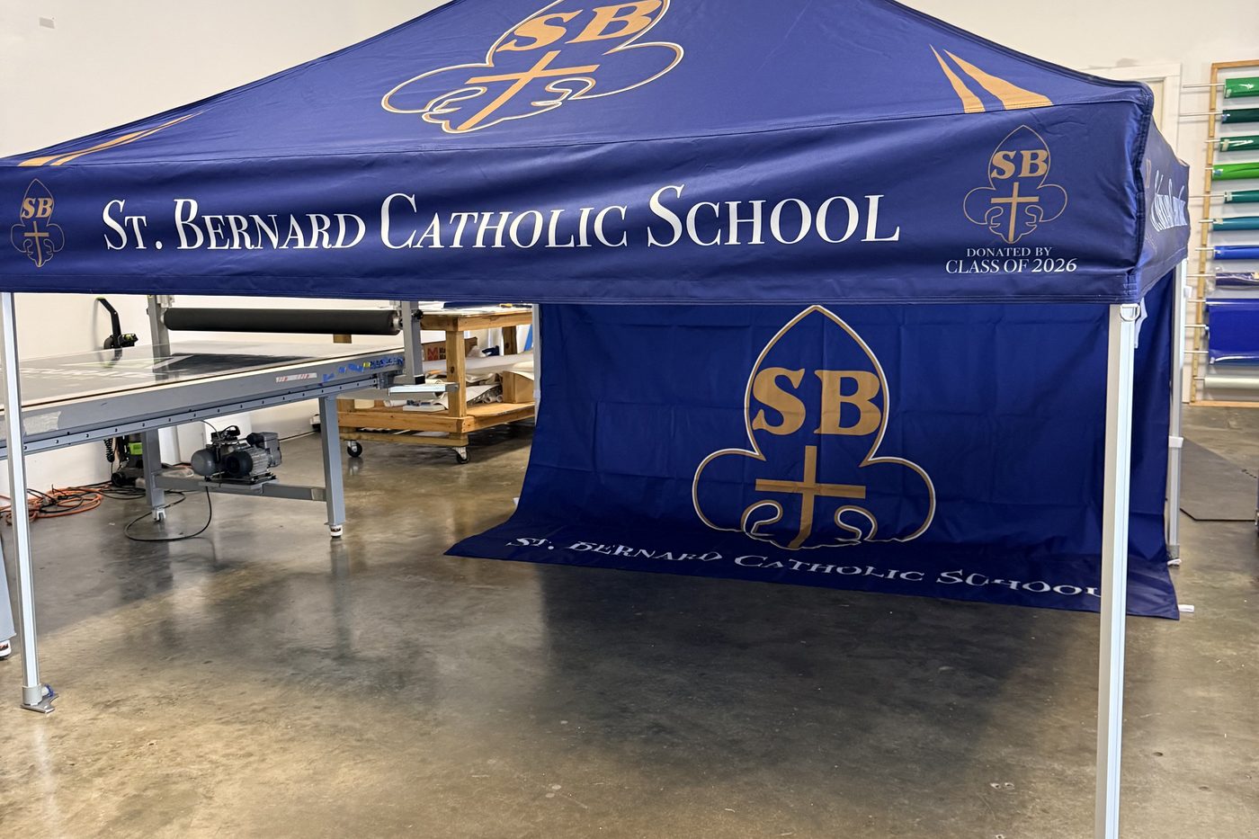 St. Bernard Catholic School canopy tent with a printed side wall